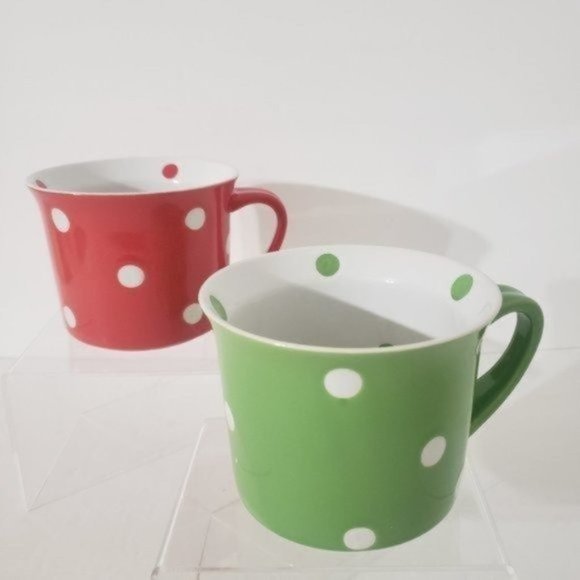 Bundle Of 2 Chef Style Polk-A-Dot Coffee Cups Mug 16 OZ Salmon & Green - Picture 2 of 8